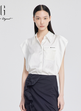 xg雪歌法式通勤慵懒感无袖衬衫女2024夏新款白色衬衣XJ221023A251