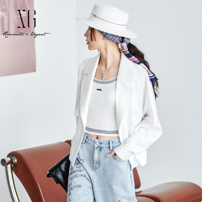 xg雪歌专柜白色休闲外套女2024春新款西装领通勤上衣XJ107015A551