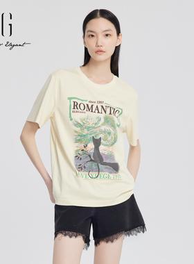 雪歌2024夏新款显瘦正肩休闲直筒趣味印花短袖T恤女XJ201029A691