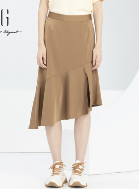 xg雪歌纯色高腰半身裙女2024春新款气质鱼尾裙中长裙XJ103019A272