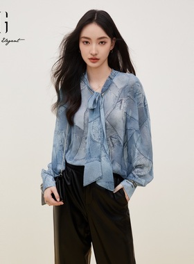 雪歌印花系带长袖衬衫2024秋季新款休闲单排扣上衣女XJ321016B397