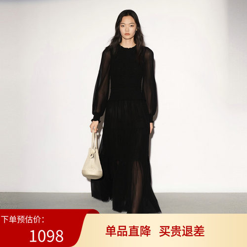 XG雪歌黑色立领花苞长袖连衣长裙气质2026秋季新款女XL304014A290