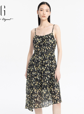 xg雪歌正品吊带连衣裙女花色通勤2024夏新款休闲长裙XJ204056B397
