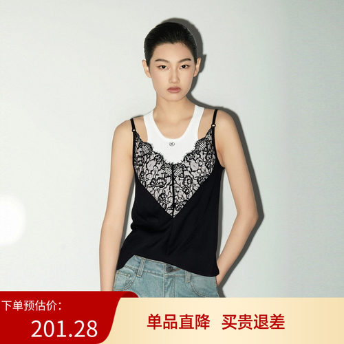 XG雪歌假两件蕾丝拼接背心2026春季新款修身显瘦搭配微透吊带女装