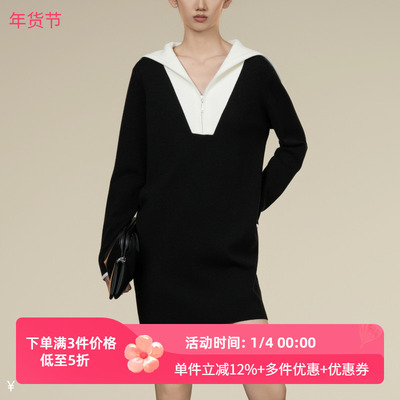 XG/雪歌2025年冬季新款休闲宽松撞色针织连衣裙女XK411054B590