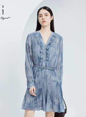 雪歌时尚气质连衣裙女2024秋季新款雪纺印花百褶裙子XJ304019B397