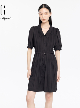 xg雪歌通勤黑色连衣裙女2024夏季新款衬衫休闲中裙XJ204029A290