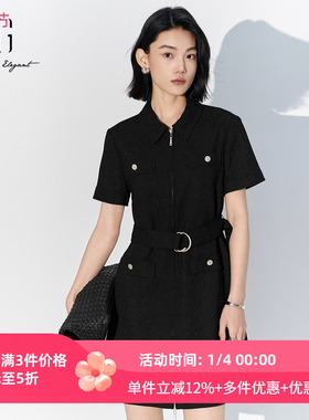 XG雪歌2025夏装新款酷飒黑色短袖工装风拉链连衣裙女XK204049A190