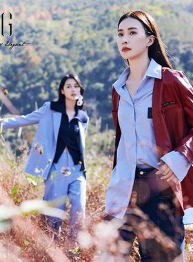 xg雪歌专柜正品时尚新年红色皮衣外套女V领收腰上衣XJ107008A113