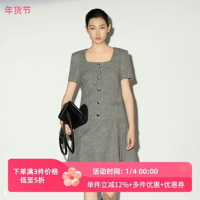 XG/雪歌26春款淑女风方领短袖连衣裙女收腰短款裙子XL104012A284