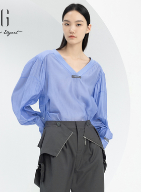 xg雪歌正品泡泡袖衬衫女v领2024春新款套头休闲上衣XJ121016A502