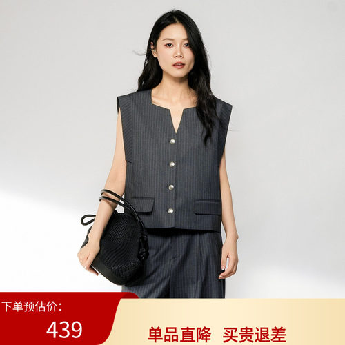XG雪歌黑灰条纹V领无袖西装马夹外套2026秋季新款女XL324005B199