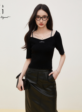 XG雪歌2024秋季新款黑色显瘦针织衫女装短袖方领上衣XJ311013A290