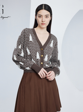 雪歌2024秋季新款针织外套女提花开衫春秋季修身毛衣XJ311024B372