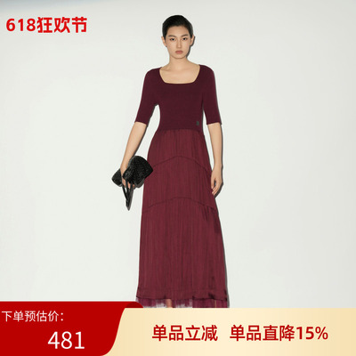 26春新款复古拼接风酒红色针织连衣裙女中袖修身长裙XL104004A115
