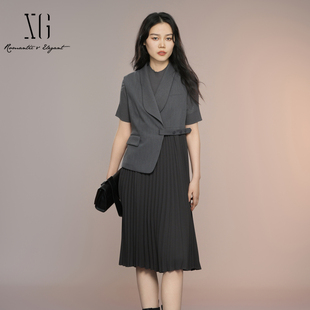 假兩件百褶裙擺連衣裙女中長裙XK304004A383 新款 雪歌25年秋季