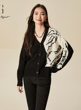 XG雪歌2024冬季新款纯绵羊毛厚款撞色拼接毛针织衫女XJ411076B698