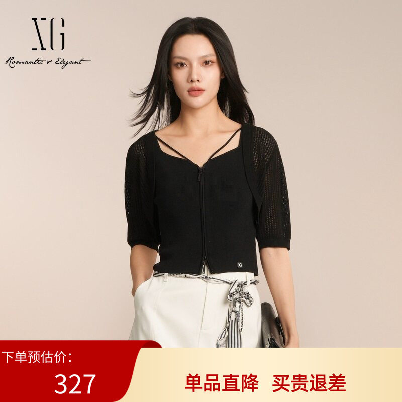 XG雪歌小心机两件套黑色拉链开襟针织衫女短袖上衣XK211001A128