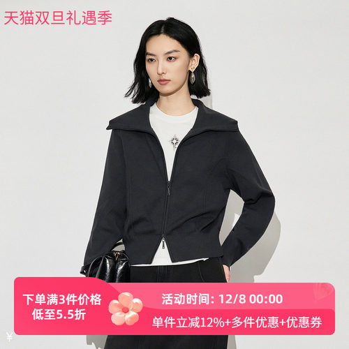 XG雪歌25冬绵羊毛酷飒通勤百搭翻领休闲针织开衫女XK411018A283