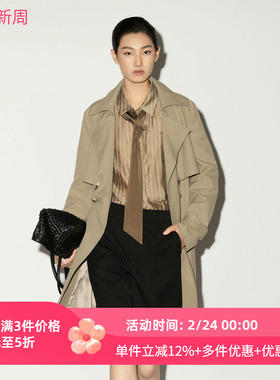 XG/雪歌26春款英伦风大翻领卡其色中长款风衣外套女XL108005A209