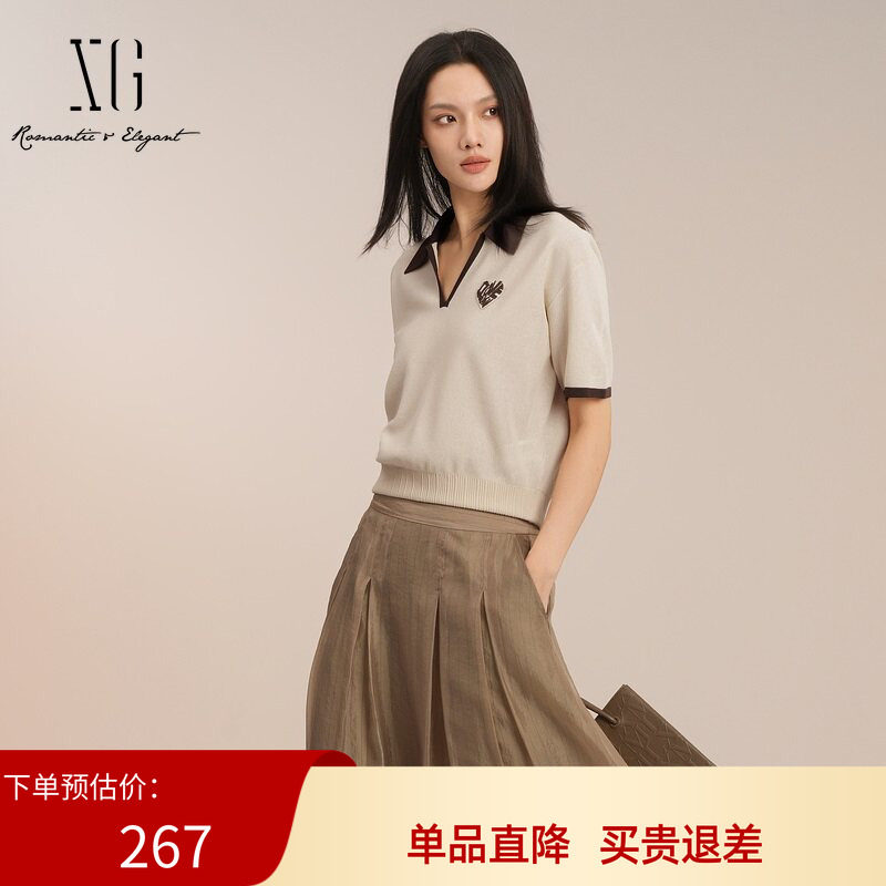 雪歌短袖毛针织衫2025夏季新款米白色贴布套头毛衫女XK211020A291