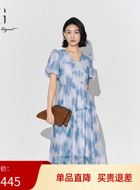 XG雪歌晕染设计连衣裙2025夏季新款短袖印花中长裙女XK204052B797