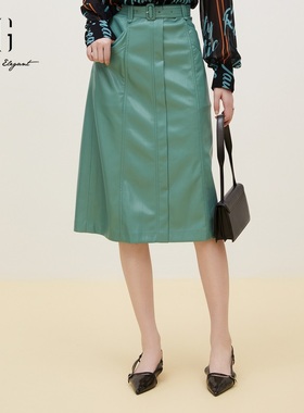 XG雪歌高腰半身裙女2024秋季新款休闲通勤皮质中裙子XJ303010A445