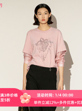 XG/雪歌26春新款慵懒风粉色圆领印花假两件长袖T恤女XL101006A316