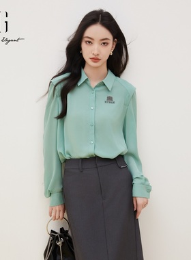 雪歌2024秋季新款时尚休闲刺绣宽松湖水绿长袖衬衫女XJ321002A445