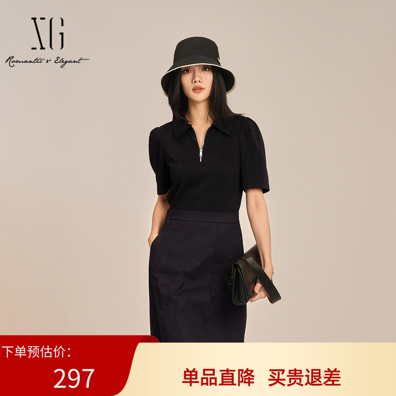 XG雪歌2025夏季新款时尚设计感黑色翻领短袖连衣裙女XK204026A590