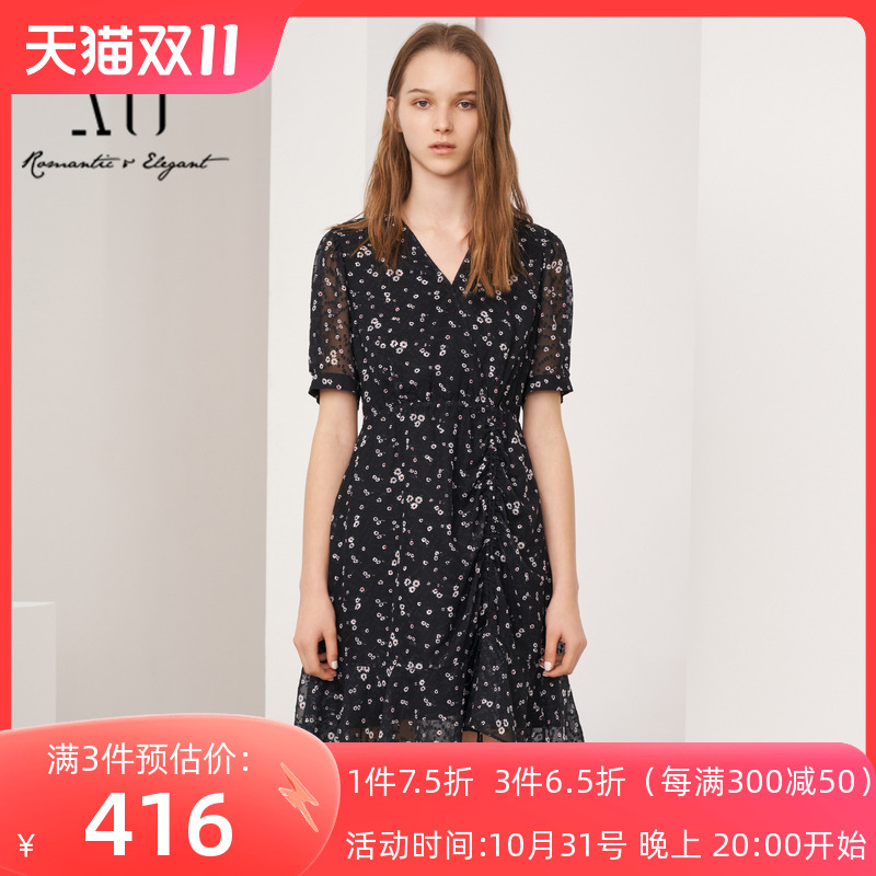 xg雪歌花色雪纺连衣裙女高腰2023夏新款休闲v领中裙XI204400B194