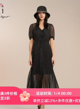 XG雪歌温柔系波点连衣裙女2025夏新款轻盈V领中长裙XK204029A190