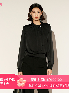 XG/雪歌26春优雅风黑色飘带领雪纺衫女知性缎面小衫XL121007A190