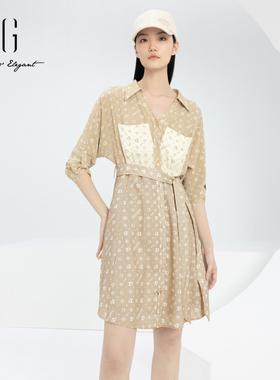 xg雪歌七分袖衬衫连衣裙女v领2024春新款休闲中长裙XJ104009A297