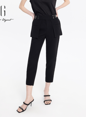 xg雪歌黑色高腰直筒裤女2024夏季新款通勤休闲九分裤XJ202022A790