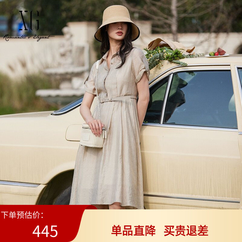 XG/雪歌25夏季新款气质显瘦翻领短袖连衣裙女中长裙XK204017A560