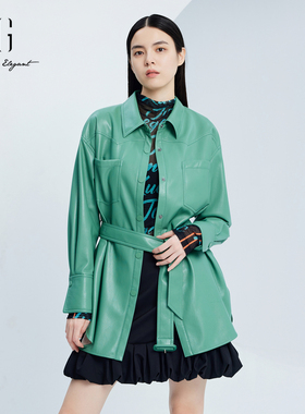 XG雪歌2024秋季新款系带皮衣经典收腰中长款皮外套女XJ307016A445