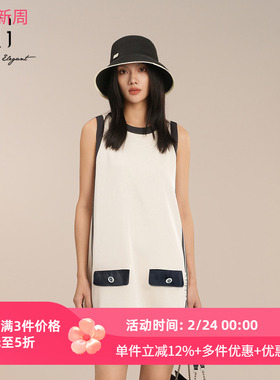 XG雪歌小香风撞色圆领无袖连衣裙女25夏款A字直筒裙XK204015A651