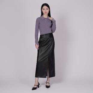 XG/雪歌淑女风翻领盘扣针织衫女羊毛打底衫内搭毛衣XK411090AE87