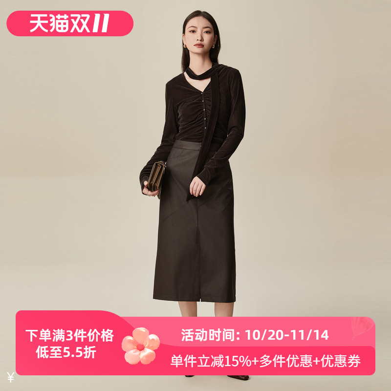 XG/雪歌2025年冬季新款百搭V领丝绒显瘦长袖打底上衣XK401012A172