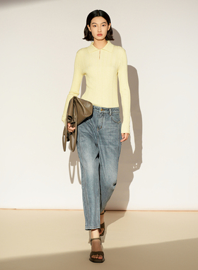 XG/雪歌26春款奶黄色翻领坑条针织衫女长袖套头毛衣XL111022A430