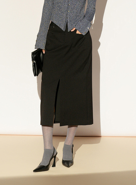 XG/雪歌轻熟黑色开叉半身裙女中长裙通勤显瘦直筒裙XL103006A290