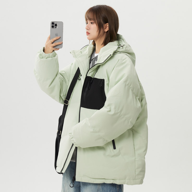 428韩系甜美撞色连帽棉服女宽松保暖休闲户外风中长款棉衣外套
