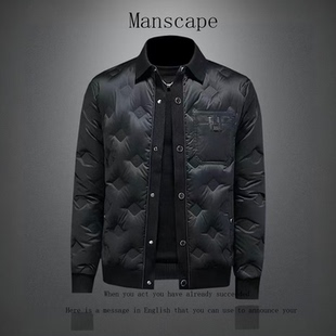轻奢风黑色冬季翻领暗花羽绒服男士短款90白鸭绒保暖外套高端休闲