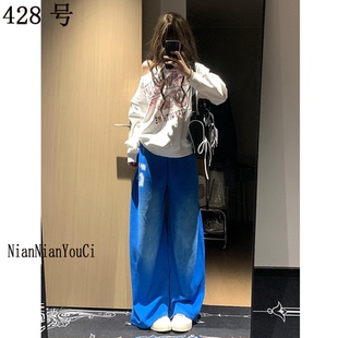 寬松顯瘦低腰運動褲 428美式 復古辣妹字母印花休閑褲 夏季 闊腿拖地