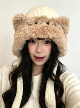 可爱甜美小猫耳朵毛绒帽子女秋冬保暖护耳针织帽显脸小卡通雷锋帽