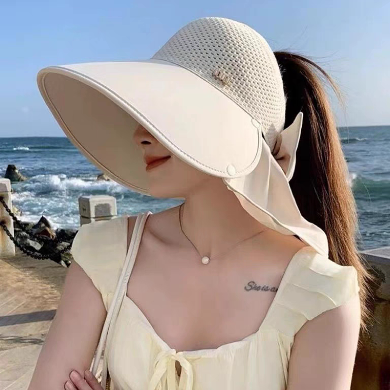 大帽檐防晒帽女夏季遮脸防紫外线太阳帽可扎马尾半空顶护颈遮阳帽