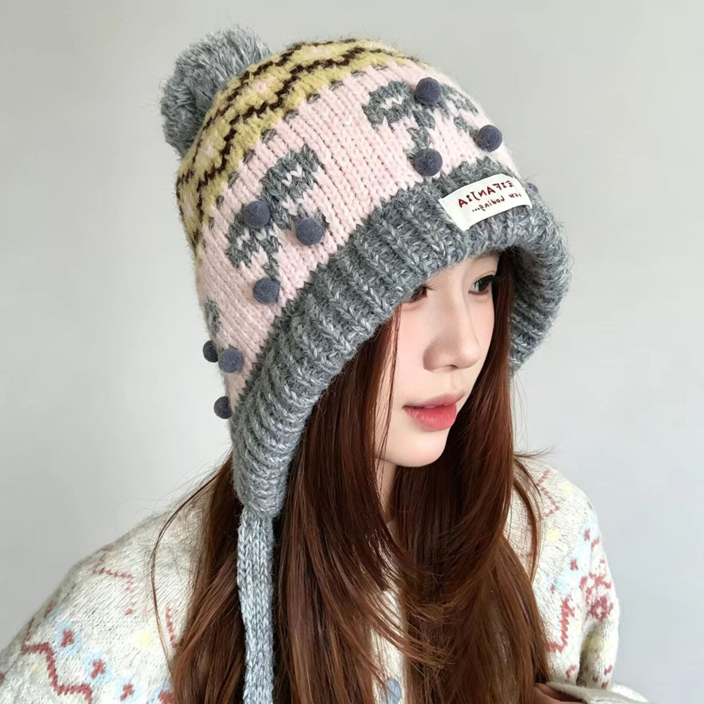 费尔岛风复古提花针织帽子女冬季加厚保暖显脸小大头围护耳毛线帽
