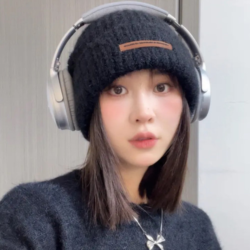 混线质感羊毛针织帽韩版小皮标字母毛线帽女秋冬大头围帽子女冷帽