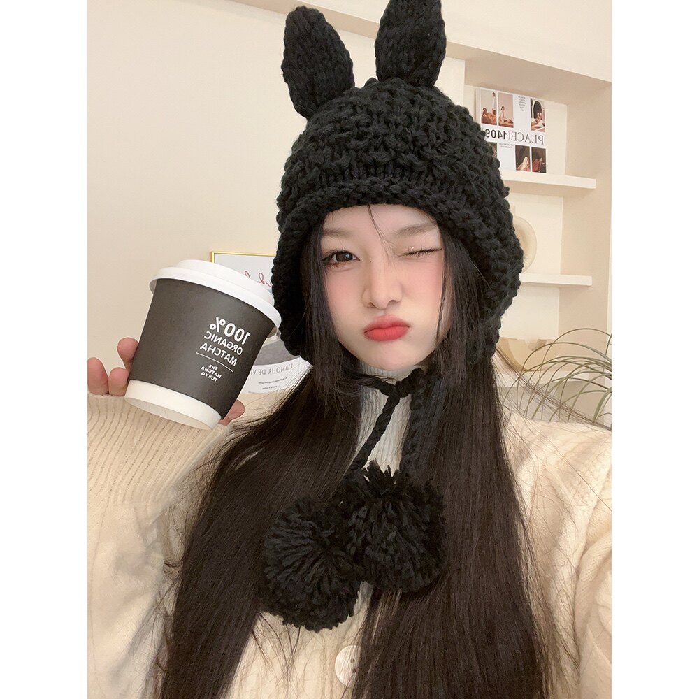 兔耳朵甜美可爱毛线帽女百搭卖萌护耳针织包头帽秋冬款女韩版ins